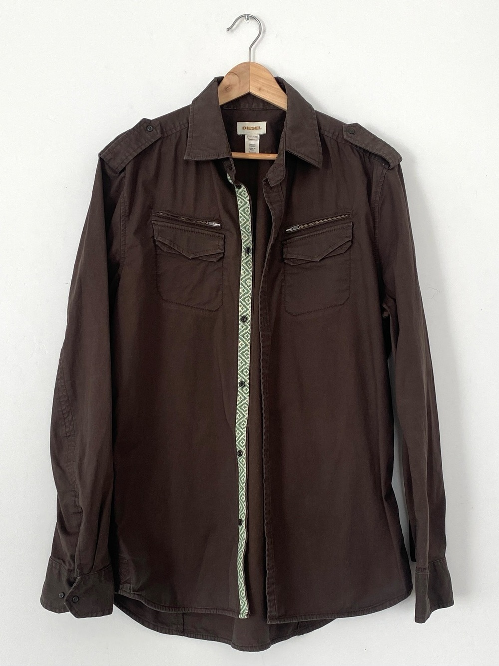 Diesel Brown Military Shirt Jacket Shacket Slim Fit Embroidered Detail XXL Sleek